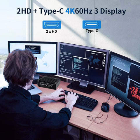 Enjoy No Sweat Cooling On This Celeron J6413 Fanless Mini Pc Hosting Four 2.5 Gigabit Lan Ports For Opnsense Router Rigs, Eight Gb Ram, One Twenty Eight Ssd, Hdmi Plus Type C Display Out showcasing 2HD and Type-C connections.