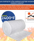 Ceramic Fiber Insulation Blanket 2400F High Heat Fireproof 1 Inch Thick 16 By 100 Inch for ovens, furnaces, and stoves, shown rolled on fiery background.
