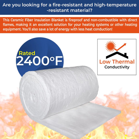 Ceramic Fiber Insulation Blanket 2400F High Heat Fireproof 1 Inch Thick 16 By 100 Inch for ovens, furnaces, and stoves, shown rolled on fiery background.