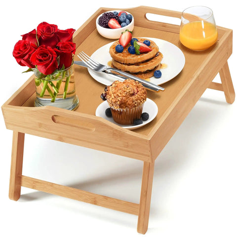 Premium Bamboo Bed Tray With Smart Foldable Legs And Secure Carry Handles, Smooth Laptop Desk For Morning Breakfast In Bed Or Lazy Couch Kickbacks, Essential Everyday Tool For Remote Work Grind Or Cozy Reading Hangouts