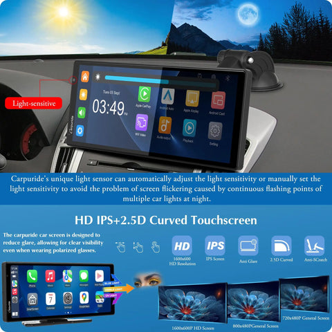 Slick Wireless CarPlay And Android Auto Dash Cam System with 9.3 inch HD IPS touchscreen and light sensor feature displayed