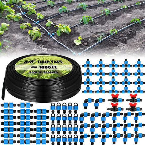 1000 Ft 5/8 Inch Drip Tape Irrigation Kit With 6-Inch Spacing, 8 Mil Wall Thickness, garden displayed with accessories