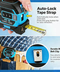 Solid Workhorse 3 In 1 Laser Distance Meter Pairs Up Cross Line Level And Retractable Tape Measure For Dead On Accuracy Digital Panel with blue auto-lock tape strap.