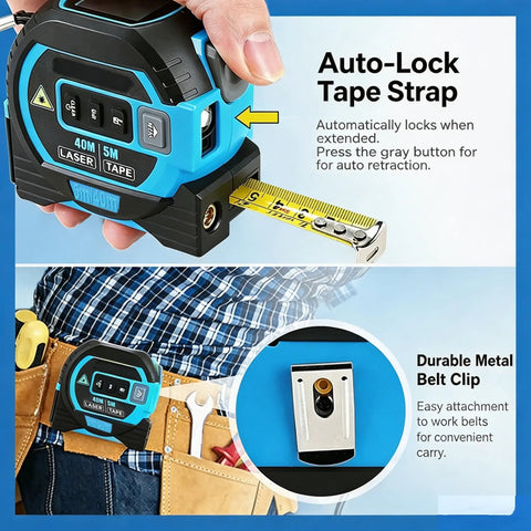 Solid Workhorse 3 In 1 Laser Distance Meter Pairs Up Cross Line Level And Retractable Tape Measure For Dead On Accuracy Digital Panel with blue auto-lock tape strap.