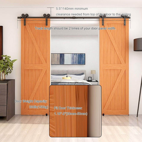 12ft Sliding Barn Door Hardware Kit With Floor Guide And Premium Nylon Roller Wheels For Double Wooden Doors, installed view