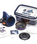 Silica Dust Respirator Kit With Silicone Half Mask And P100 Particulate Filter Plus Prefilters displayed with packaging and manual.