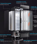 Heavy Duty Commercial Display Freezer Upright Single Glass Door Merchandiser showcasing thick insulation, swivel casters, and digital control.