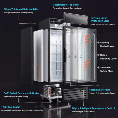 Heavy Duty Commercial Display Freezer Upright Single Glass Door Merchandiser showcasing thick insulation, swivel casters, and digital control.