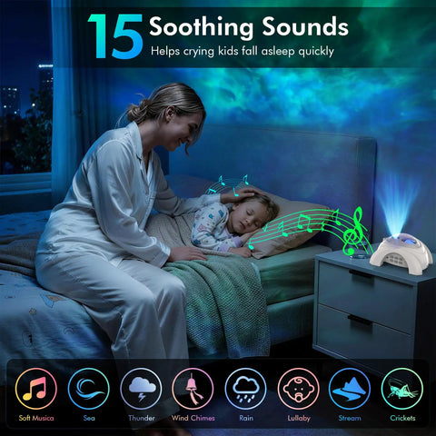 Star Projector 4 in 1 Aurora Night Light With Bluetooth Speaker, White Noise active, child sleeping with mother in bedroom
