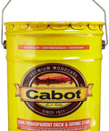Natural Semi Transparent Exterior Wood Stain Five Gallon Linseed Oil Deep Penetrating Finish For Decks And Siding No Sweat Application, yellow container.