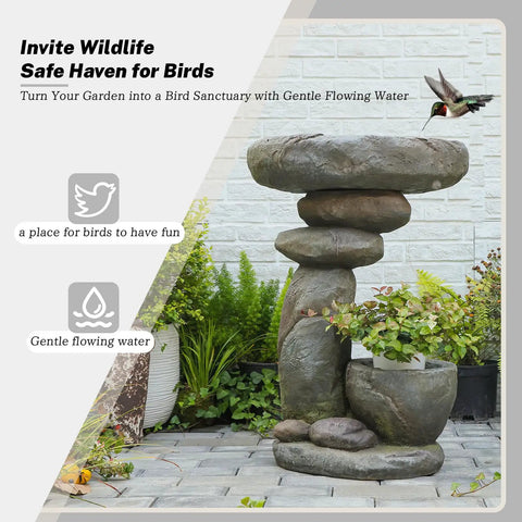 Solar Fountain For Bird Bath And Planter, freestanding rock waterfall with LED lights in garden setting