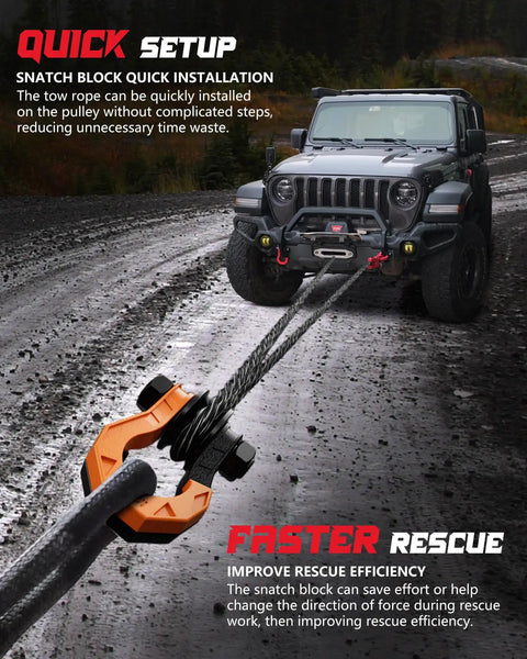 D Ring Separate Shackle With Snatch Block Three Quarter Inch Beefy Heavy Duty Tow Winch Pulley For Off Road Recovery Truck ATV UTV Black Orange Heavy Duty Tow Gear For Off Road Vehicle Recovery And Winch Accessory For Jeep Truck SUV on Jeep recovery rope