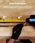 Super Handy 16 Ft Digital Tape Measure With 6 Metric And Imperial Units on wooden surface with zero function displayed.
