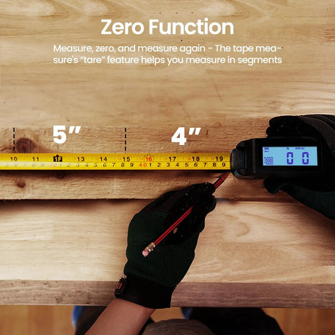 Super Handy 16 Ft Digital Tape Measure With 6 Metric And Imperial Units on wooden surface with zero function displayed.