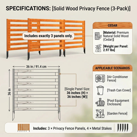 Solid Cedar 3 Panel Privacy Fence Screen For Air Conditioner 36x36 Inches With 4 Metal Stakes Quick Assembly Outdoor Decor