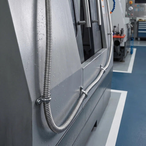 Heavy Duty Stainless Steel Bendable Conduit Sleeve for Weatherproof Cable Management and Secure Wire Protection in Garage or Shop, mounted along machinery.