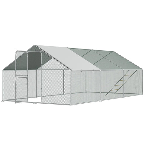 Metal Large Walk In Chicken Coop With Split Door And Roosting Perch, 10x20 Outdoor Poultry Run For Farm Yard Or Backyard, Security Lock