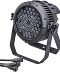 Powerful 54x3W RGBW Waterproof LED Par Light IP67 DMX Outdoor Uplight, aluminum shell, front angle with connectors visible