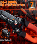 24-10 AWG wire stripper cutter with security lock and 7 jaws, featuring a black and orange grip in a close-up view.