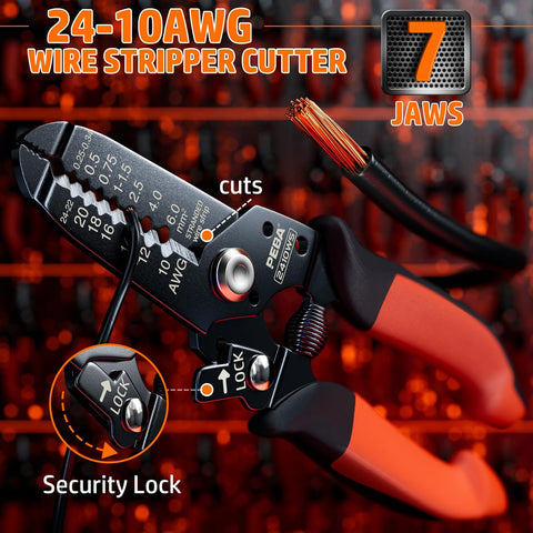 24-10 AWG wire stripper cutter with security lock and 7 jaws, featuring a black and orange grip in a close-up view.