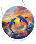 Vivid Tree Of Life Acrylic Sun Catcher Puzzle Kit, dolphins leaping in sunset ocean, double-sided UV printed acrylic, 7.4 inch
