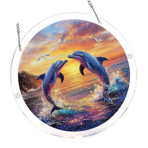 Vivid Tree Of Life Acrylic Sun Catcher Puzzle Kit, dolphins leaping in sunset ocean, double-sided UV printed acrylic, 7.4 inch