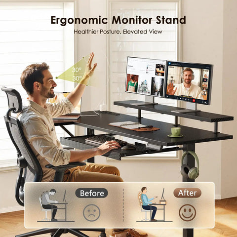 Person using 55 Inch L Shaped Electric Standing Desk With Keyboard Tray And Reversible Height Adjustment, Corner Computer Desk With Monitor Stand, Sit Stand Lift Table For Home Office, Carbon Fiber Black