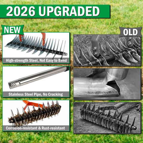 Comparison of new and old all in one 3 in 1 thatch rake for lawn care with 15 inch width adjustable 40 to 70 inch handle.