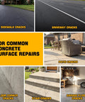 Heavy Duty Concrete Crack Filler And Asphalt Sealant 2 Pack Oil Based Self Leveling Driveway Repair Patch shown on various cracked surfaces.