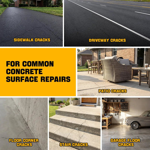 Heavy Duty Concrete Crack Filler And Asphalt Sealant 2 Pack Oil Based Self Leveling Driveway Repair Patch shown on various cracked surfaces.