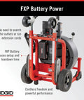 Professional Workhorse 5/8 Inch Brushless Drain Cleaning Drum Machine Auto Feed Cable Counter showing FXP Battery Power feature.
