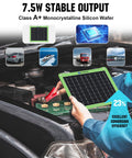 Person installing 7.5W 12V Solar Car Battery Charger and Maintainer with Waterproof Panel on vehicle engine