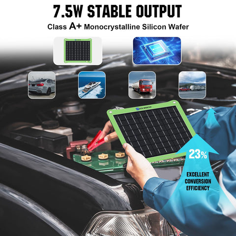 Person installing 7.5W 12V Solar Car Battery Charger and Maintainer with Waterproof Panel on vehicle engine