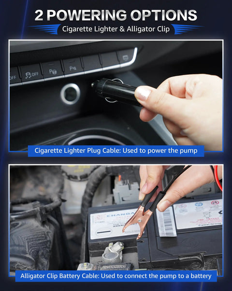 12V Electric Fuel Transfer Pump Kit With Hose For Gas And Diesel Quick No Mess Spill Free Refuel showing cigarette lighter and alligator clips