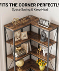 L Shaped Industrial Corner Bookshelf With Six Tier Storage for living room and office, sturdy metal frame, decorative items displayed