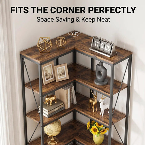 L Shaped Industrial Corner Bookshelf With Six Tier Storage for living room and office, sturdy metal frame, decorative items displayed