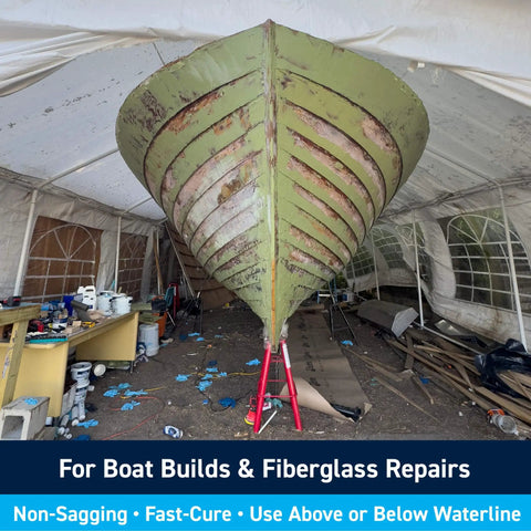 Marine Epoxy Fairing Compound Two Part Filler For Fiberglass Wood Aluminum And Steel Two Pint Kit on boat hull.
