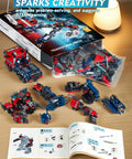 2 In 1 Transform Robot Mech Building Toy Kit For Boys And Adults, Switch Between Battle Ready Robot Warrior And Boss Mode Truck Vehicle, 786 High Quality Bricks For Durable, Creative STEM Play And Epic Battles. Box, parts, and instructions shown