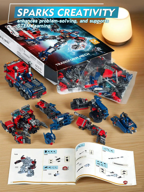 2 In 1 Transform Robot Mech Building Toy Kit For Boys And Adults, Switch Between Battle Ready Robot Warrior And Boss Mode Truck Vehicle, 786 High Quality Bricks For Durable, Creative STEM Play And Epic Battles. Box, parts, and instructions shown