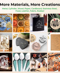 Creality Falcon 5W laser engraver; collage of craft items including wood, slate coasters, leather tags, and paper art