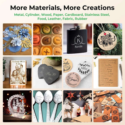Creality Falcon 5W laser engraver; collage of craft items including wood, slate coasters, leather tags, and paper art