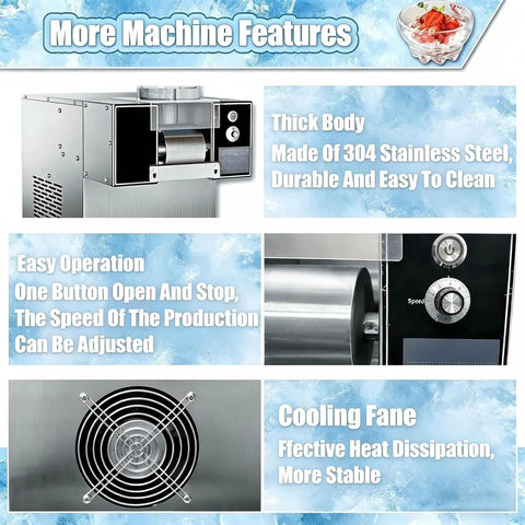 Heavy Duty Electric Ice Shaver Machine Crushing Blocks For Fluffy Snowflake Ice With Smart Air Cooling Setup Made For Food Trucks Milk Tea Shops And Patio Hangouts 750W Heavy Hitter features thick stainless steel body and cooling fan.