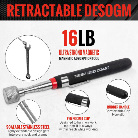 Image of Three Piece Telescoping Magnetic Pickup Tool Set With Sixteen Pound Heavy Duty Lift featuring a retractable design.