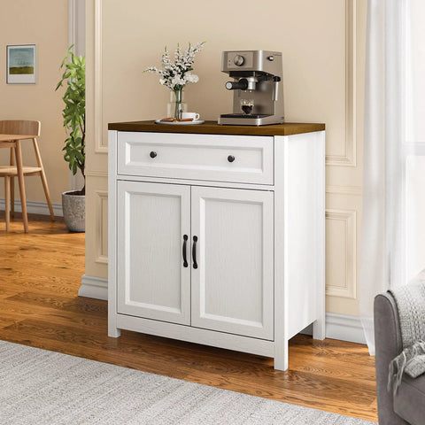 Farmhouse Kitchen Storage Cabinet With Adjustable Shelves And A Big Ol Drawer Barn Door Sideboard Buffet Freestanding 30W X 15.6D X 33.3H For Kitchen Living Room Or Entryway displayed in a living room setting with a coffee machine on top.