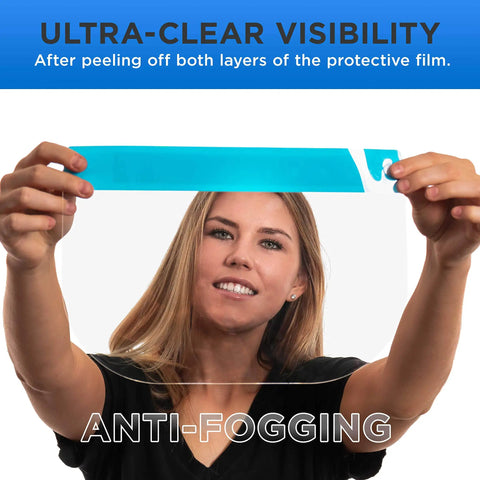 Woman holding Ultra Clear Full Face Shield from Pack Of 40 Sets (160 Shields) with Anti Fog PET Plastic for protection.
