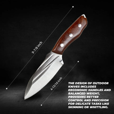 Image of a pocket fixed blade knife with wood handle and leather sheath for camping and outdoor adventures EDC survival and hunting tactical gear.