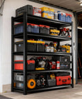 Heavy Duty 5 Tier Garage Shelving Unit With Anti Fall Rails Steel Industrial Shelving 3000 Lbs Capacity Adjustable Shelves 72 Inch Long Black Storage Rack For Tools Equipment Garage And Basement storing tools in a garage
