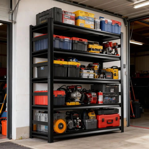 Heavy Duty 5 Tier Garage Shelving Unit With Anti Fall Rails Steel Industrial Shelving 3000 Lbs Capacity Adjustable Shelves 72 Inch Long Black Storage Rack For Tools Equipment Garage And Basement storing tools in a garage