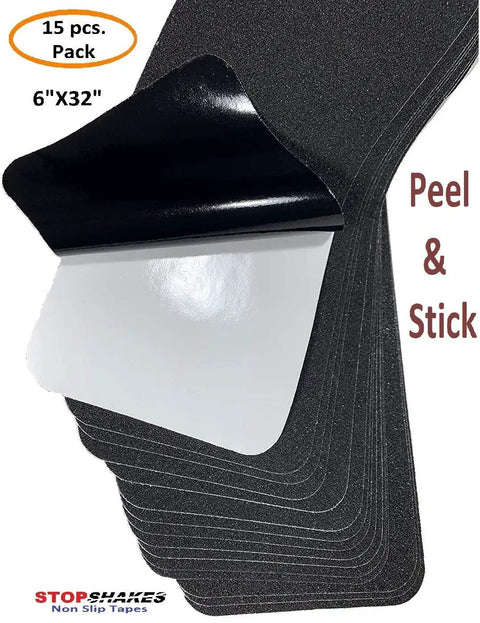 Stacked Self Adhesive Non Slip Stair Tread Tape 15 Pack Pre Cut 32 By 6 Inch Black Stair Step Strips with peel-off backing