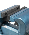 Close-up of Heavy Duty 4 Inch Forged Steel Bench Vise with 4 Point Swivel Base 90000 PSI Tensile Strength Black Oxide Jaws